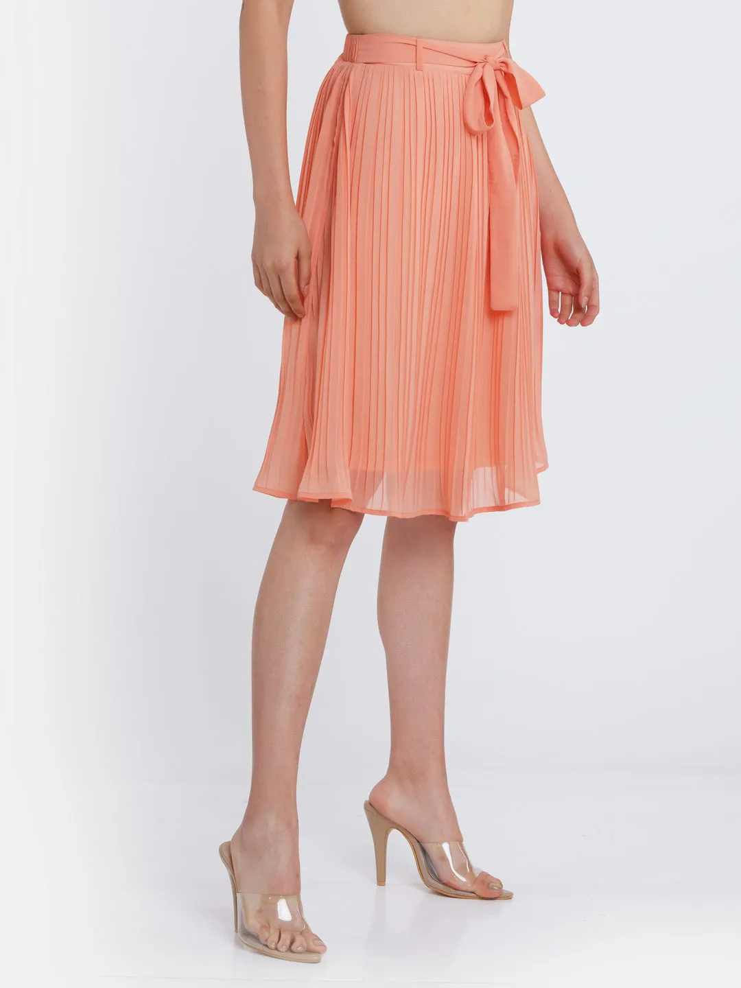 Orange Solid Pleated Skirt