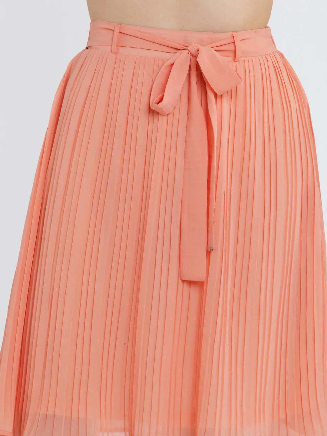 Orange Solid Pleated Skirt