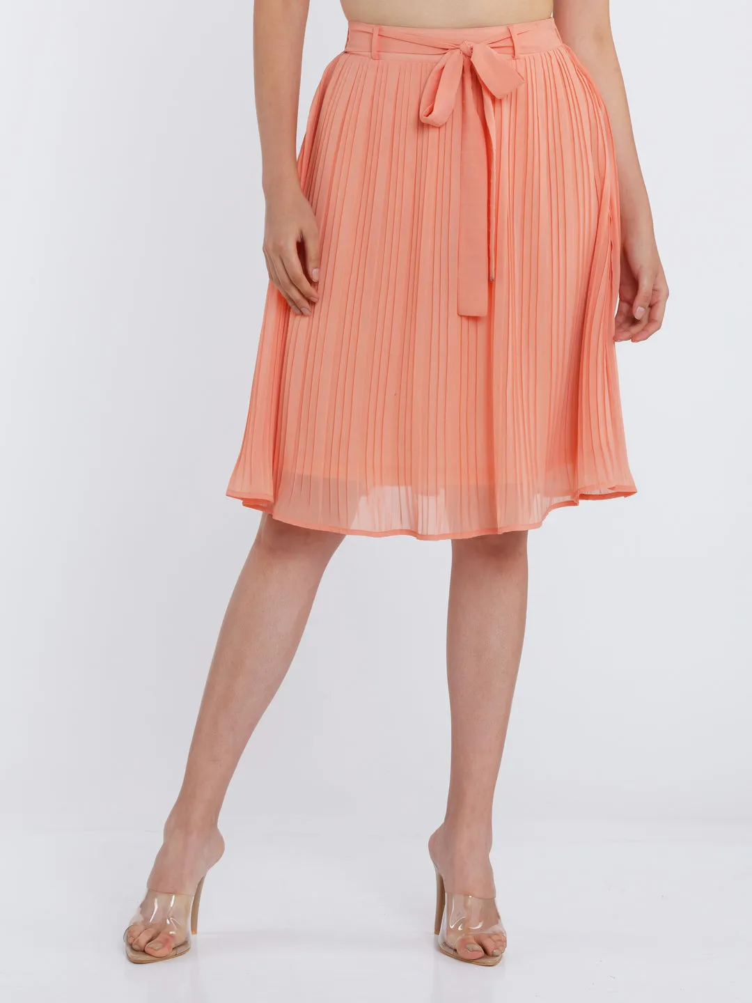 Orange Solid Pleated Skirt