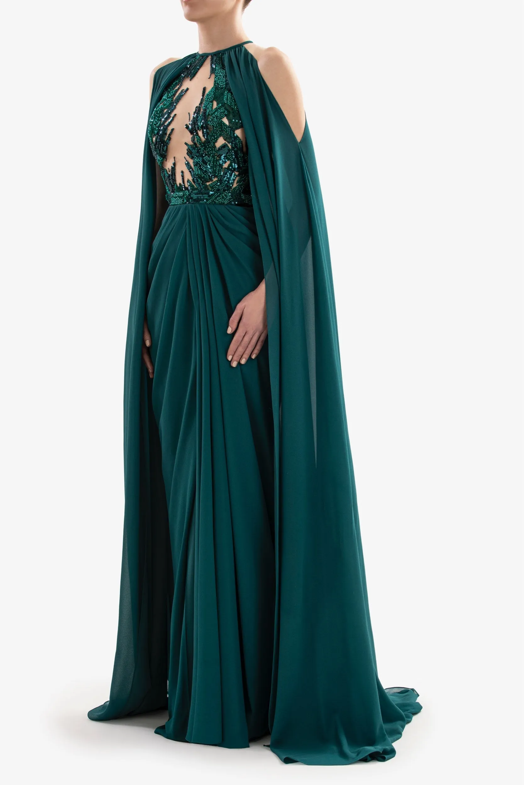 Pleated dress with cape