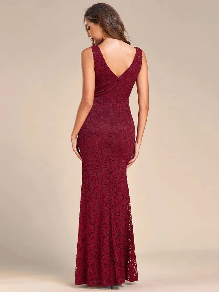 Pleated Lace Bodycon Sleeveless Floor-Length Evening Dress