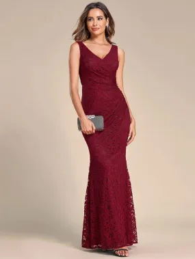 Pleated Lace Bodycon Sleeveless Floor-Length Evening Dress