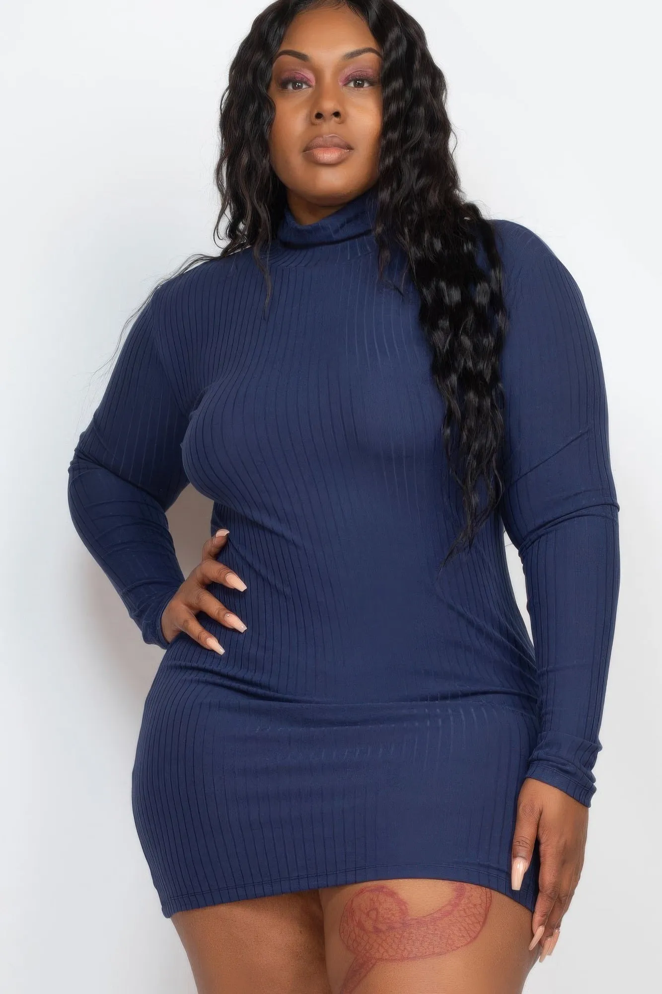 Plus Size Ribbed Long Sleeve Mock Neck Mini Bodycon Dress