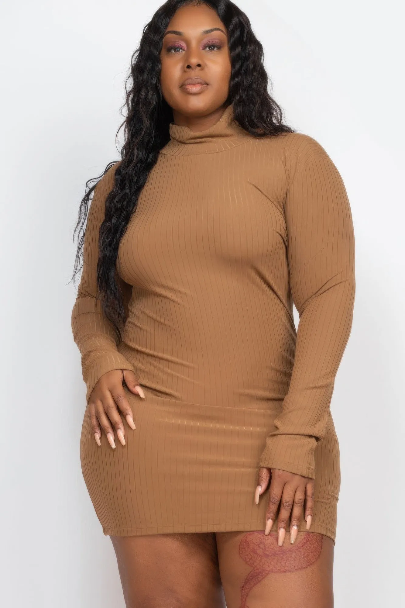 Plus Size Ribbed Long Sleeve Mock Neck Mini Bodycon Dress