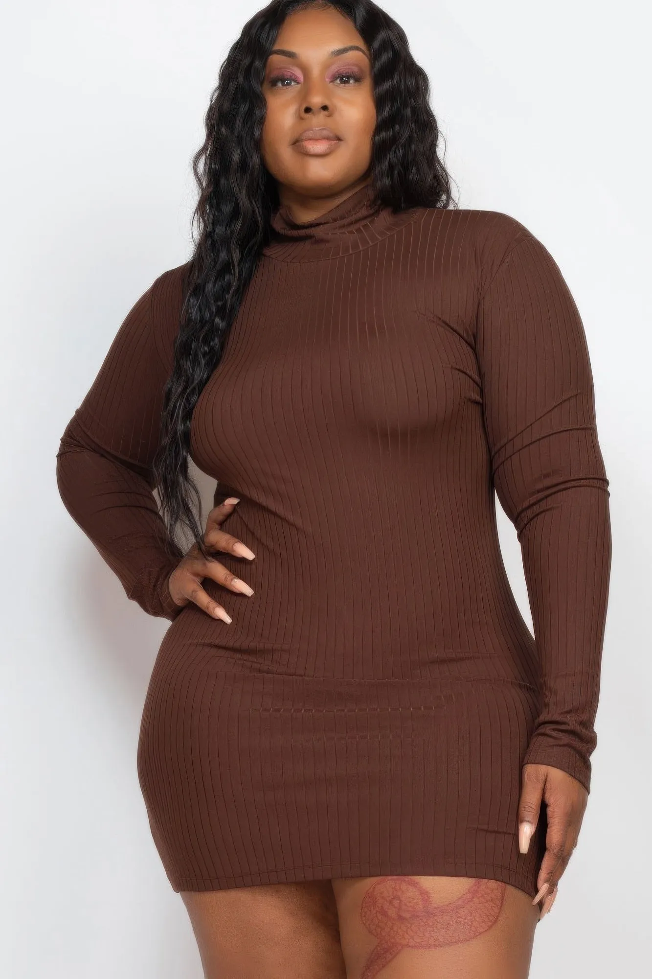 Plus Size Ribbed Long Sleeve Mock Neck Mini Bodycon Dress