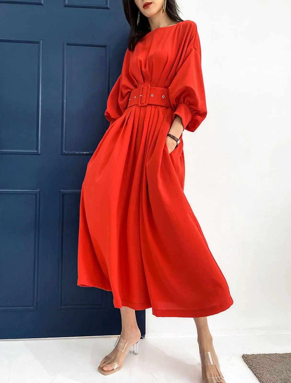 Puff Sleeve Belted Midi Dress