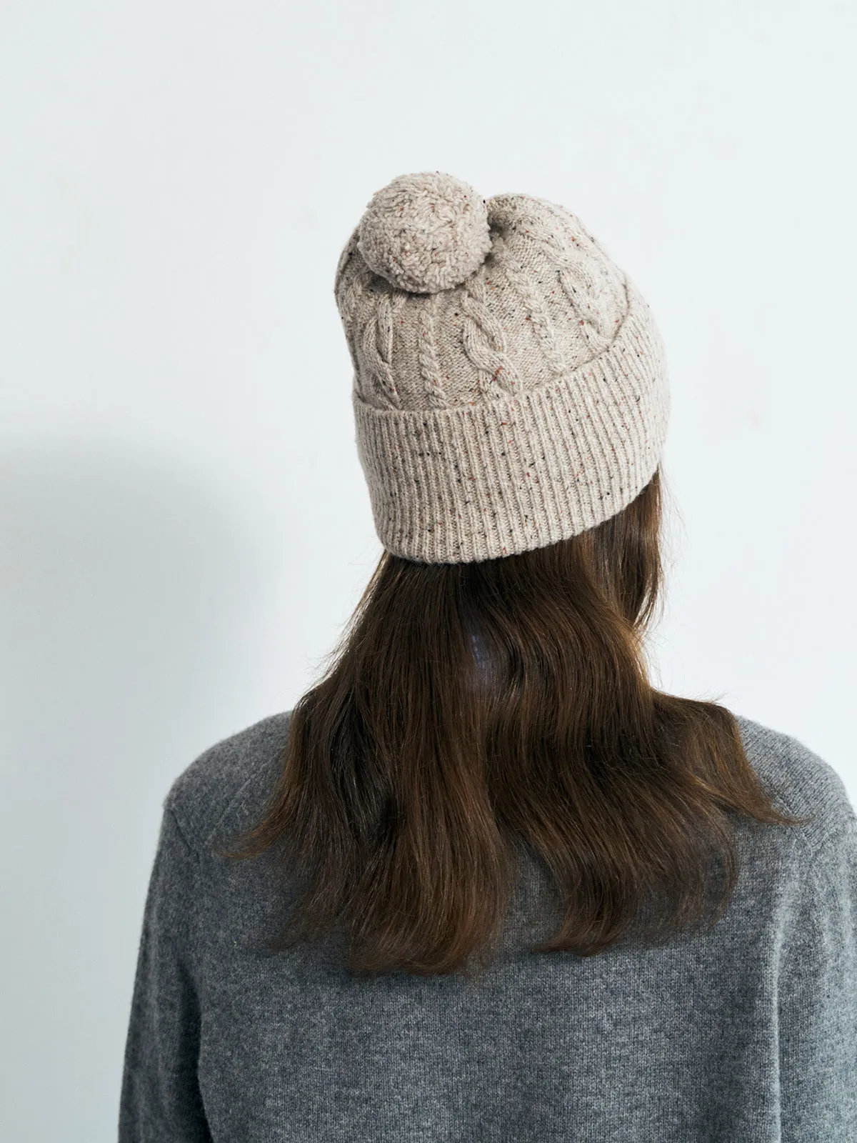 "Pom Pom" Cable Knit Wool Beanie - Silver Grey