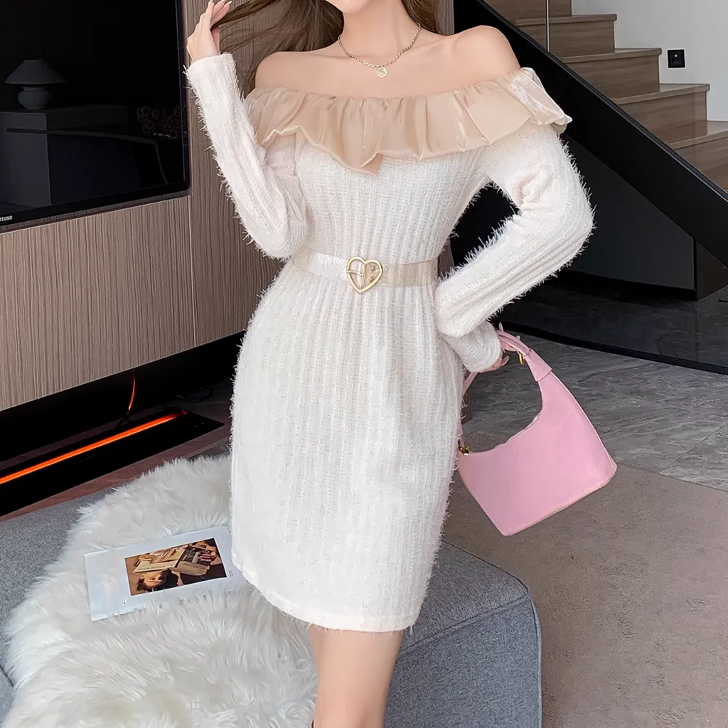 Ruffled Fur Sweater Long-Sleeved Knitted Dress