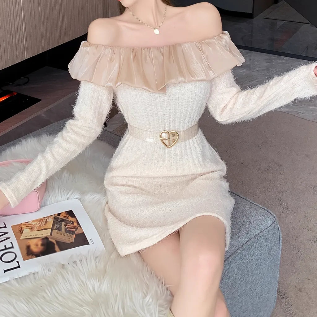 Ruffled Fur Sweater Long-Sleeved Knitted Dress