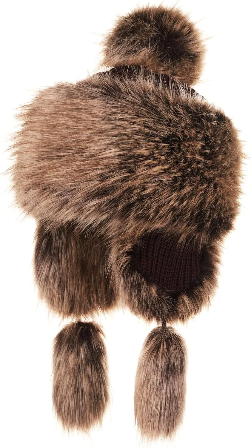 Russian Faux Fur Black Lined Winter Knit Trapper Hat