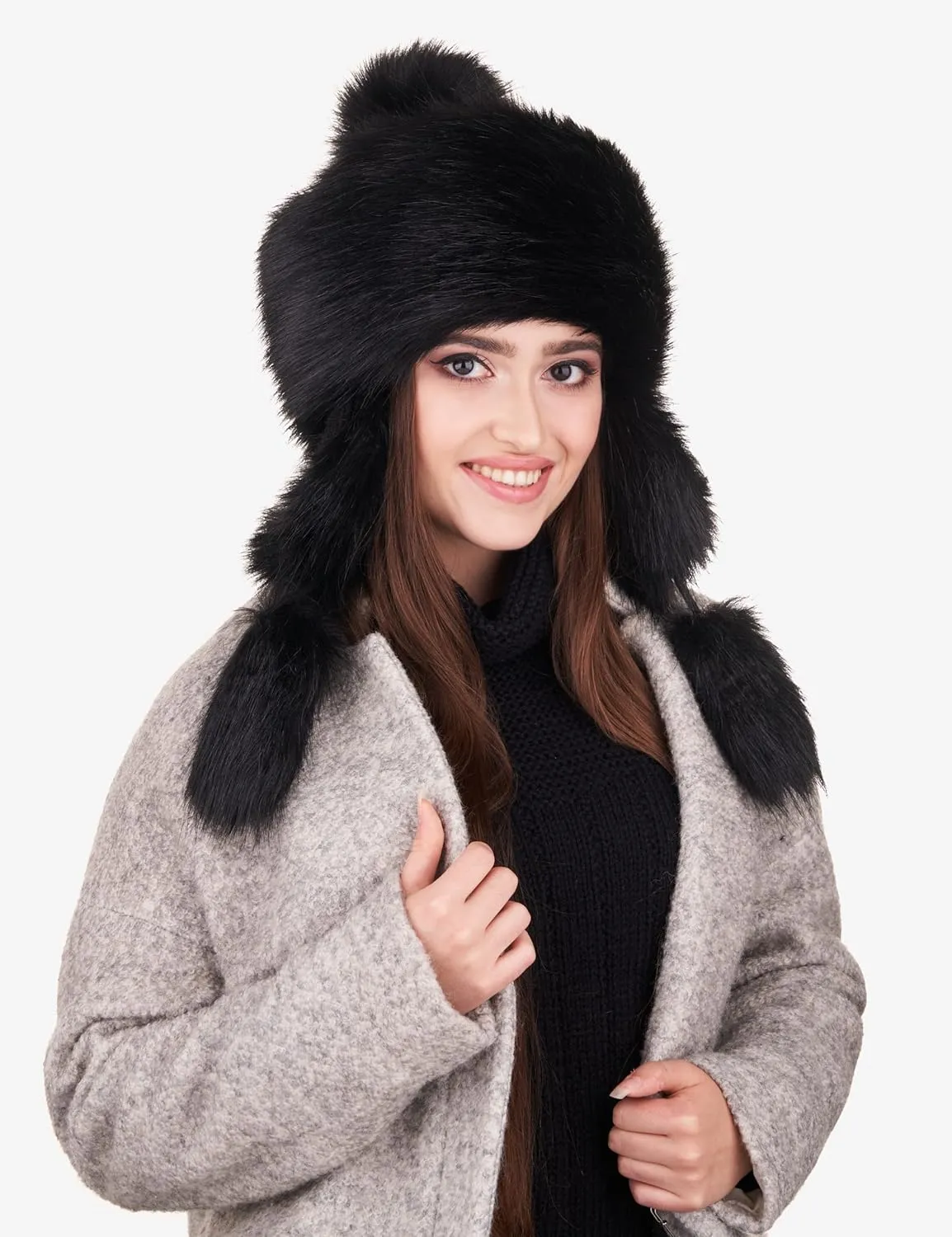 Russian Faux Fur Black Lined Winter Knit Trapper Hat