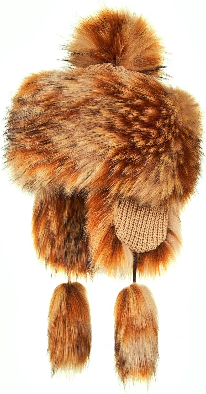 Russian Faux Fur Black Lined Winter Knit Trapper Hat