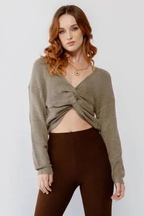 Sage Knit Twisted Detail Long Sleeve Crop Sweater /3-2-1