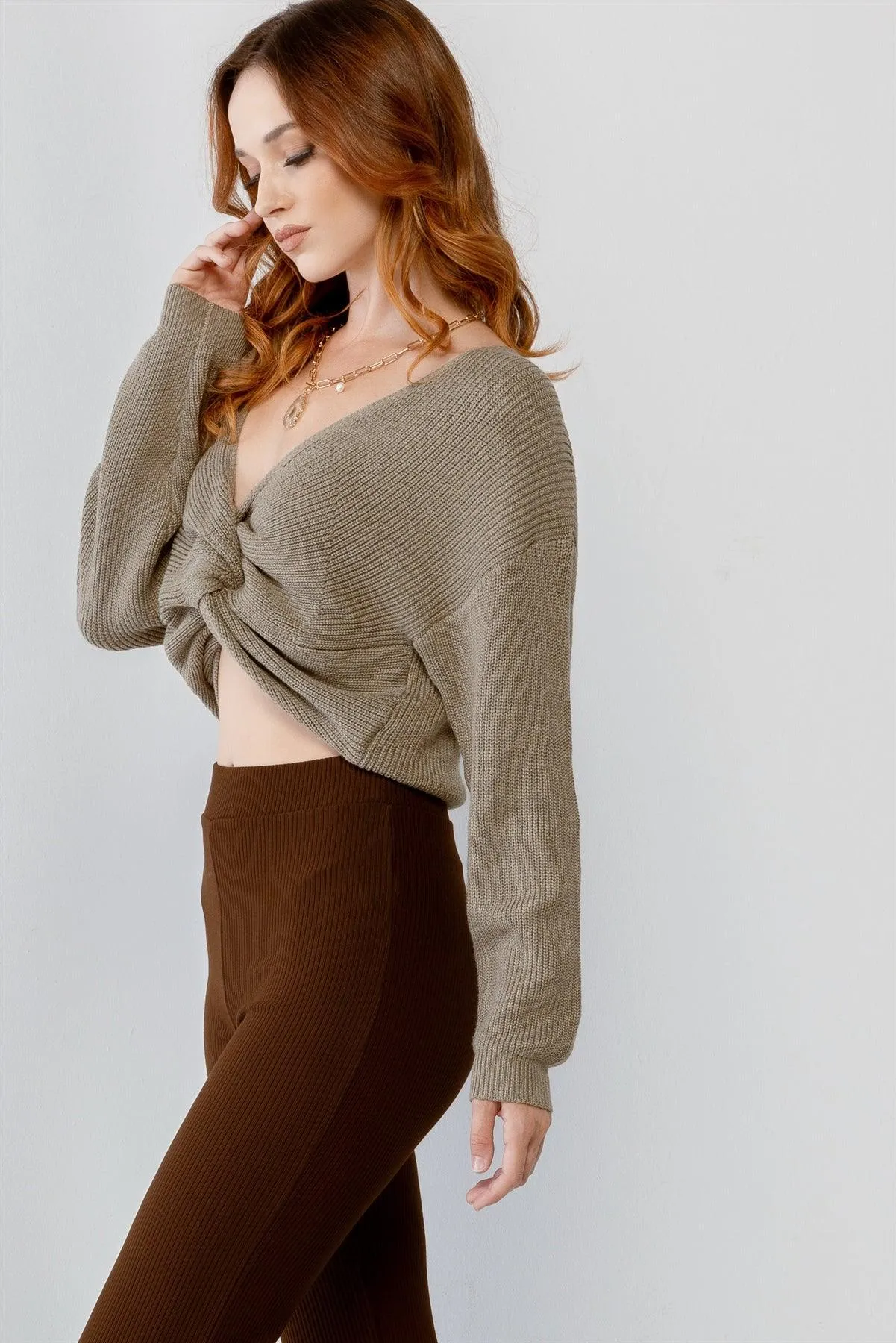 Sage Knit Twisted Detail Long Sleeve Crop Sweater /3-2-1