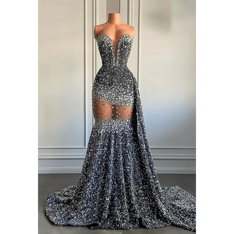 Sexy & Hot Fully Sequins V-neck Sleeveless Ruffles Mermaid Evening Party Prom Dress