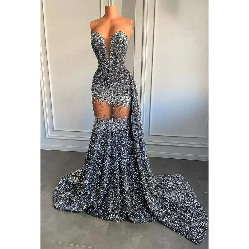 Sexy & Hot Fully Sequins V-neck Sleeveless Ruffles Mermaid Evening Party Prom Dress