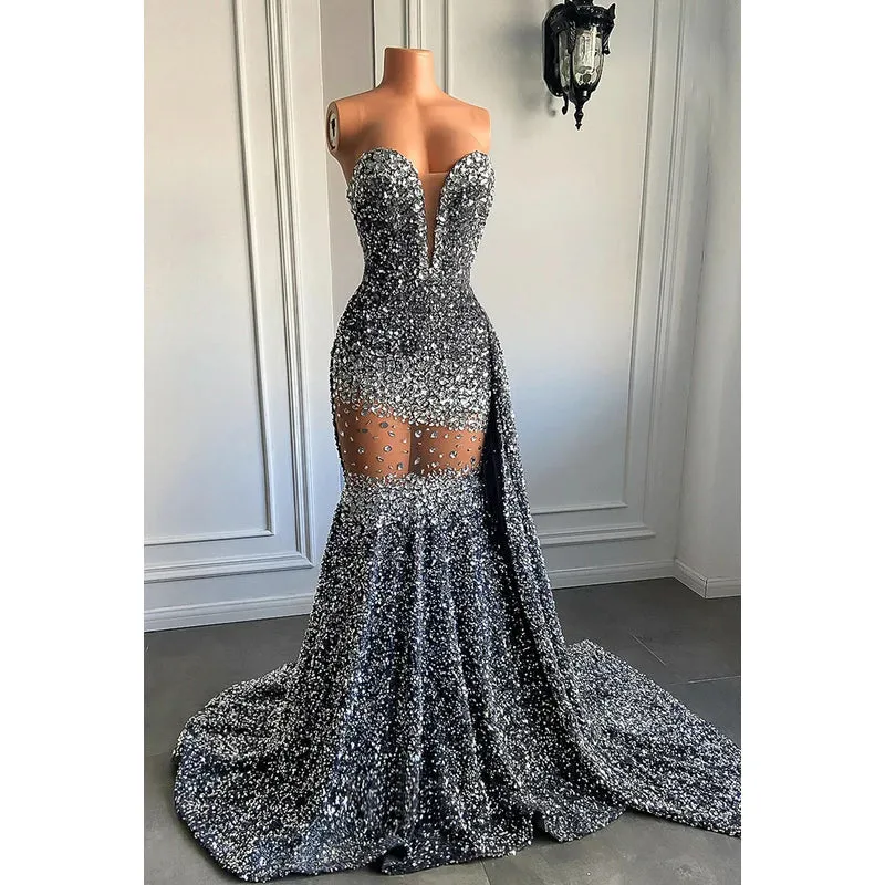 Sexy & Hot Fully Sequins V-neck Sleeveless Ruffles Mermaid Evening Party Prom Dress