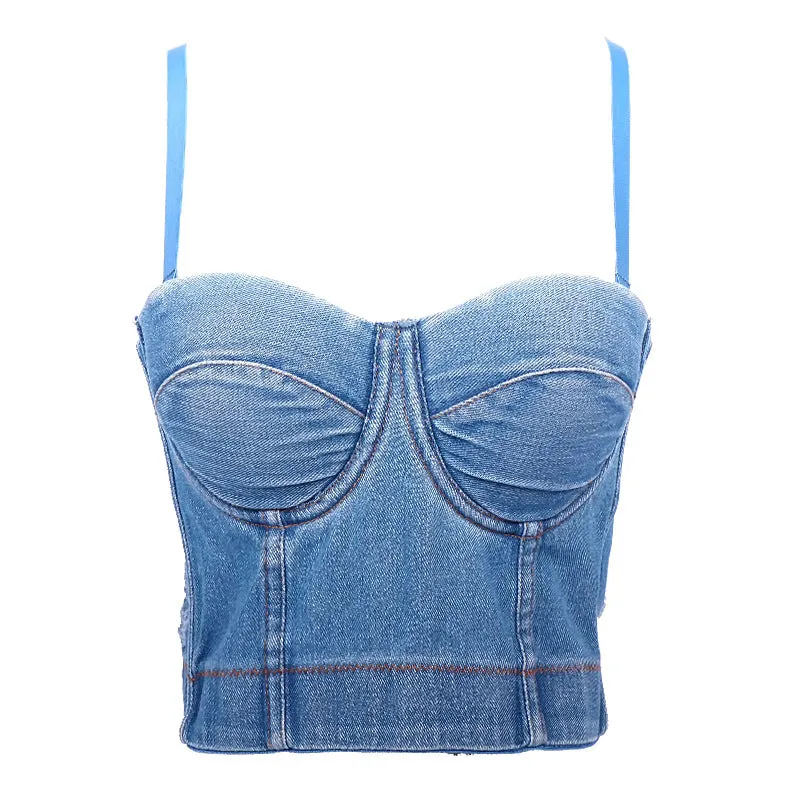 Sexy Denim Blue Corset Party Corset Vest Black Bra