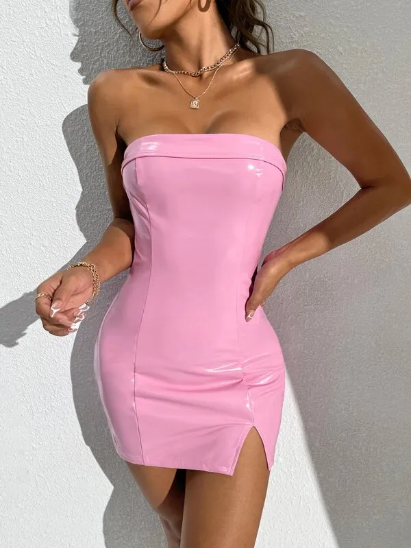 Sexy Pink Faux Patent Leather Bodycon Mini Dress