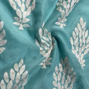 Sky Blue Thread Embroidery Malai Chanderi Silk Fabric 18573