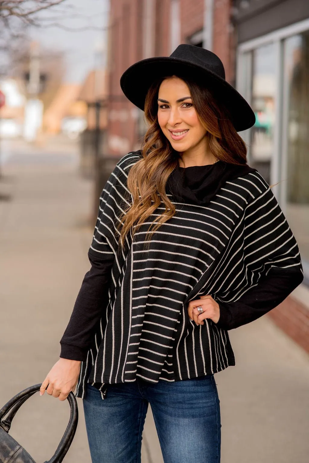 Solid Trim Cowl Neck Poncho