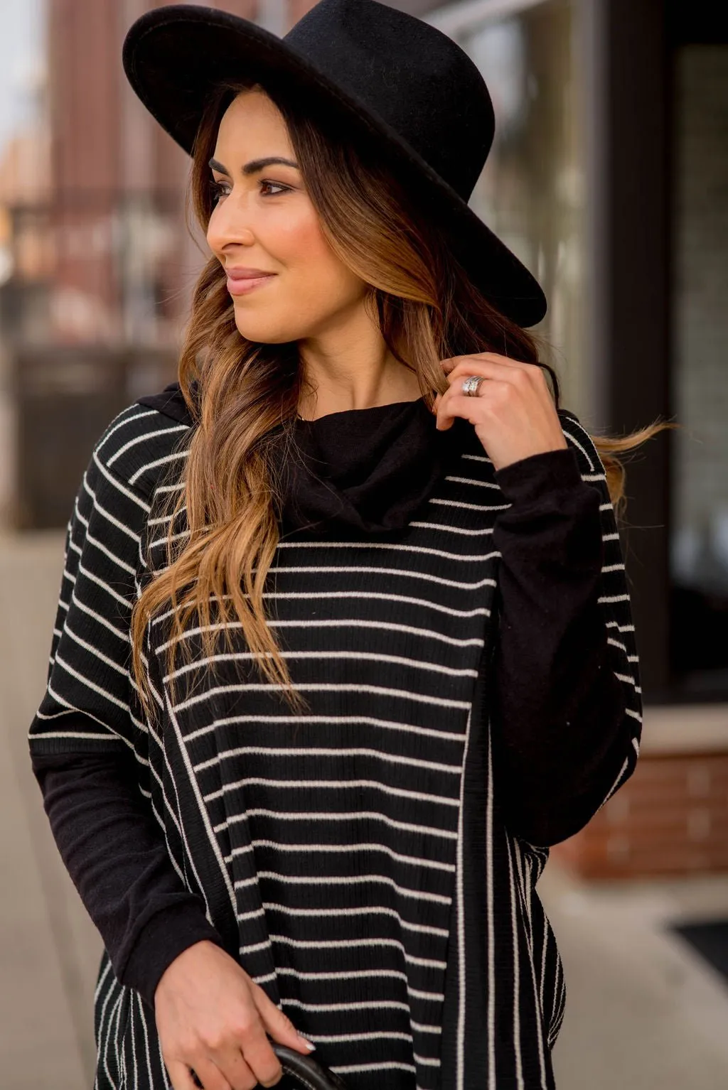 Solid Trim Cowl Neck Poncho