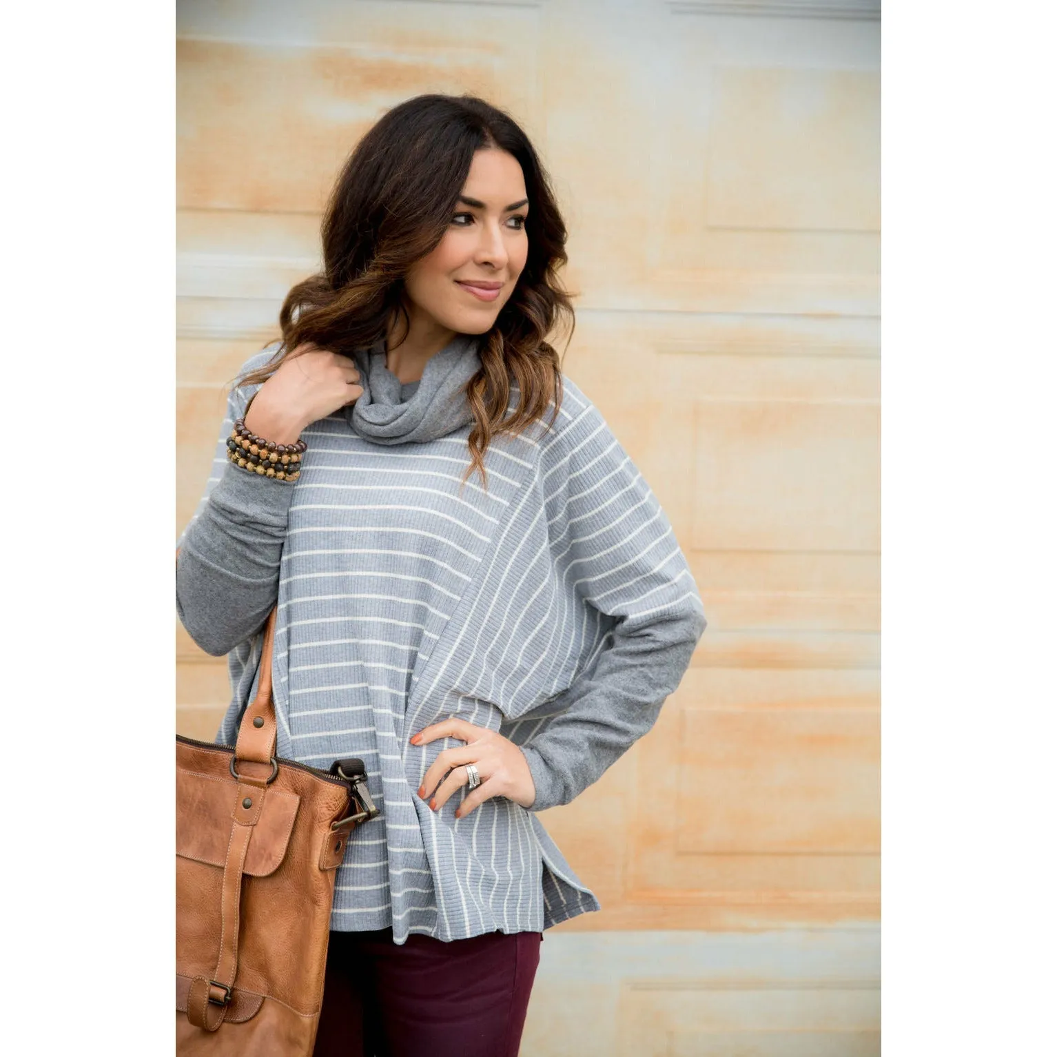 Solid Trim Cowl Neck Poncho