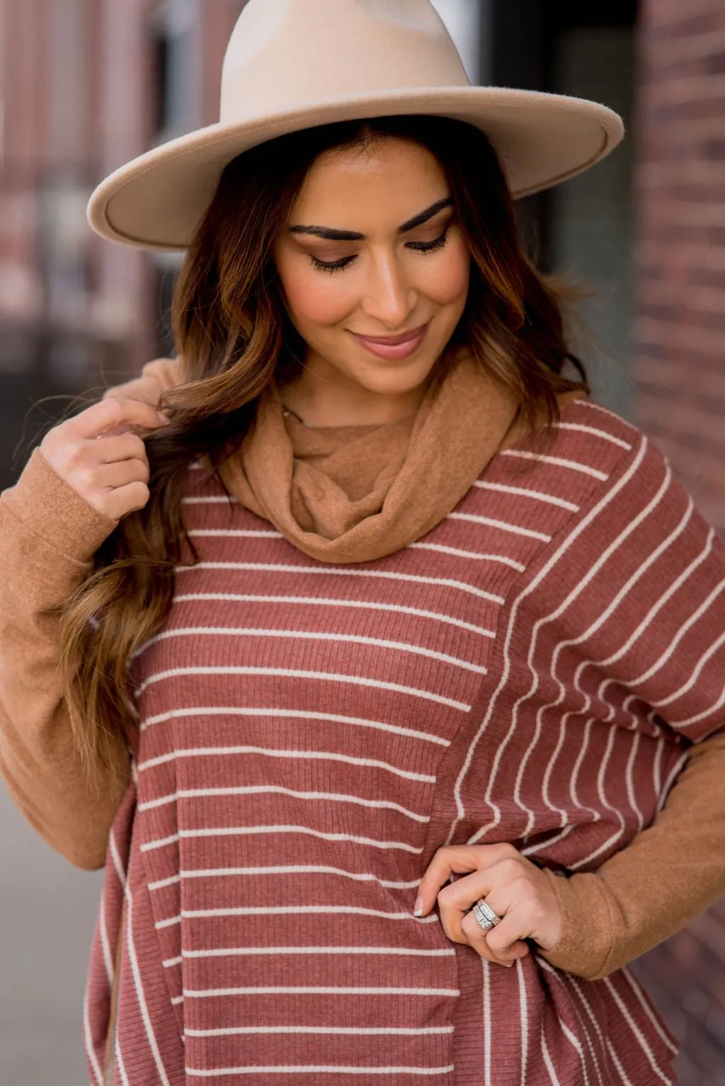 Solid Trim Cowl Neck Poncho