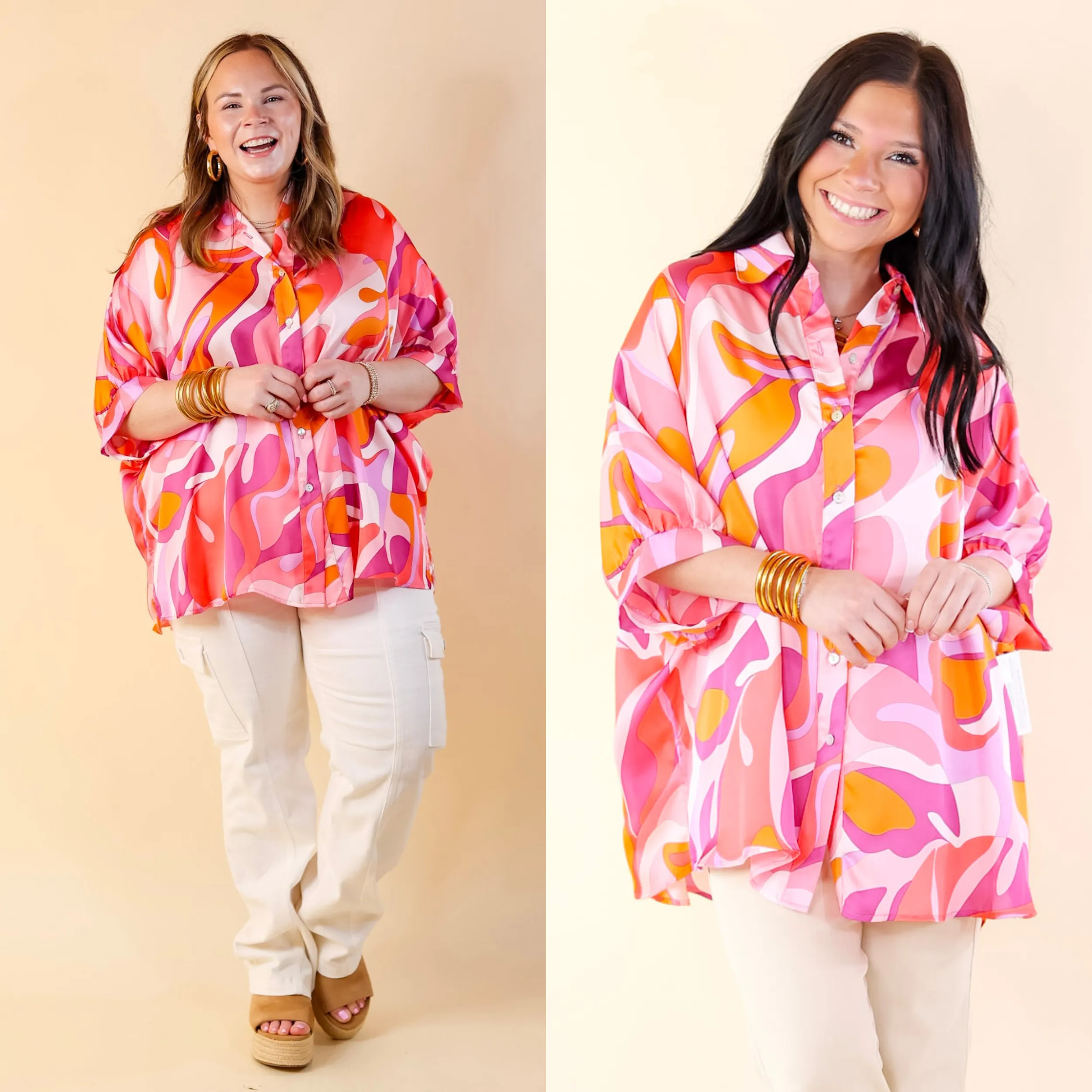 Sophisticated Sweetie Button Up Mosaic Print Poncho Top in Pink Mix