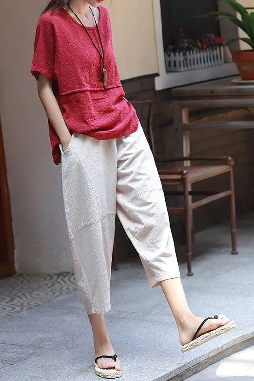 Spring and summer new linen women's clothing retro loose patchwork elastic pants J011-2