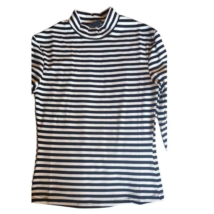 Striped High-Collar Long Sleeve Shirt