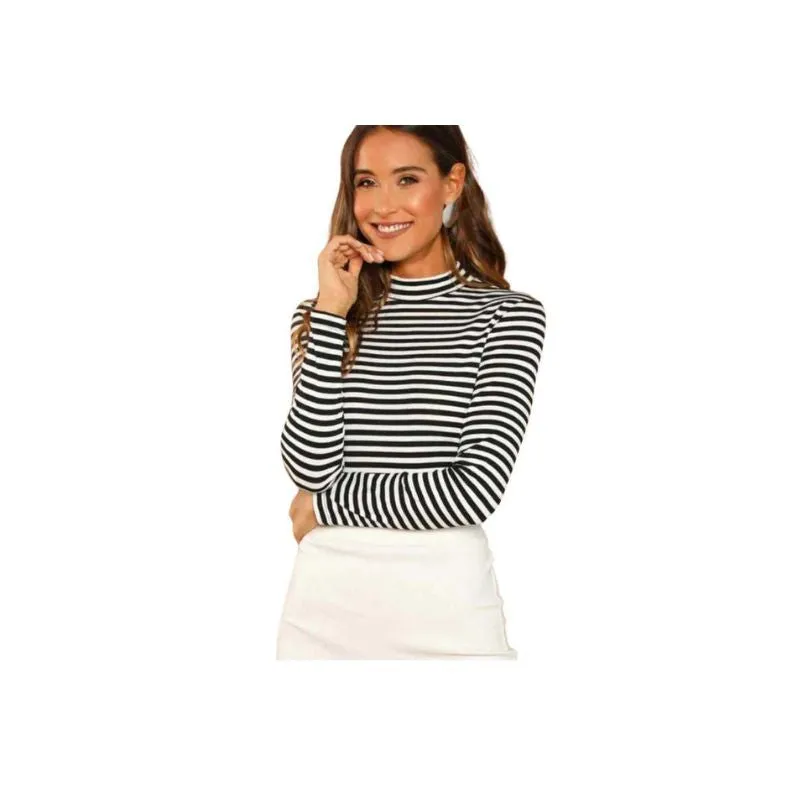 Striped High-Collar Long Sleeve Shirt