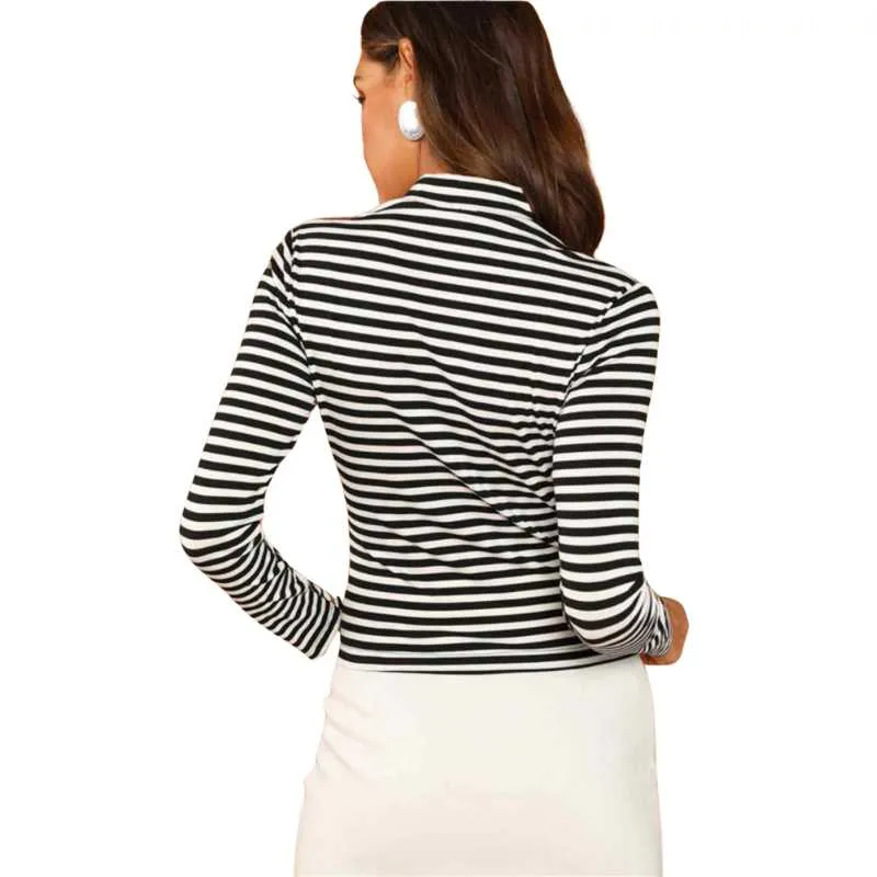 Striped High-Collar Long Sleeve Shirt