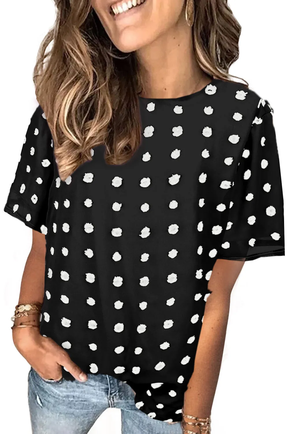 Swiss Dot Texture Short Sleeve Top