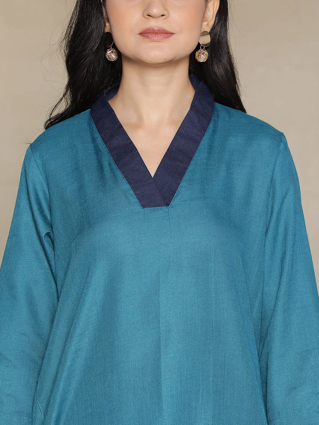 Teal CottonSlub V-NeckTop