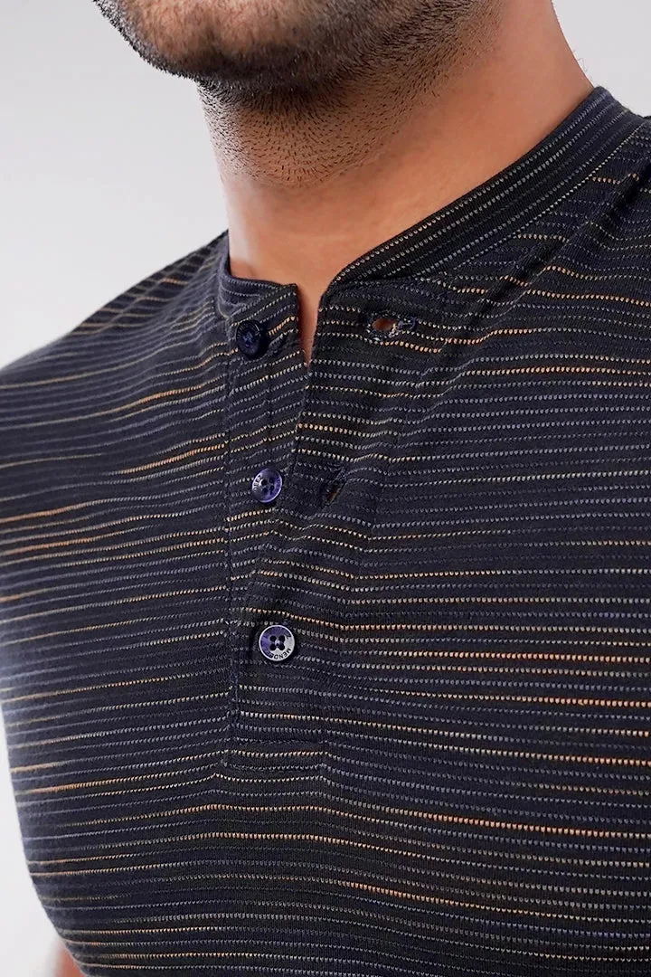 Textured Henley T-Shirt - Navy Blue