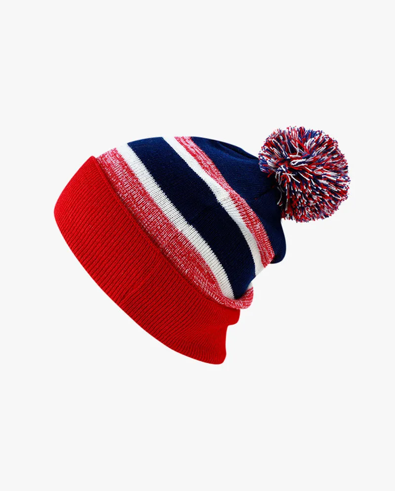 The Hat Depot Kids - Cuffed Pom Pom Stripe Knit Slouch Beanie