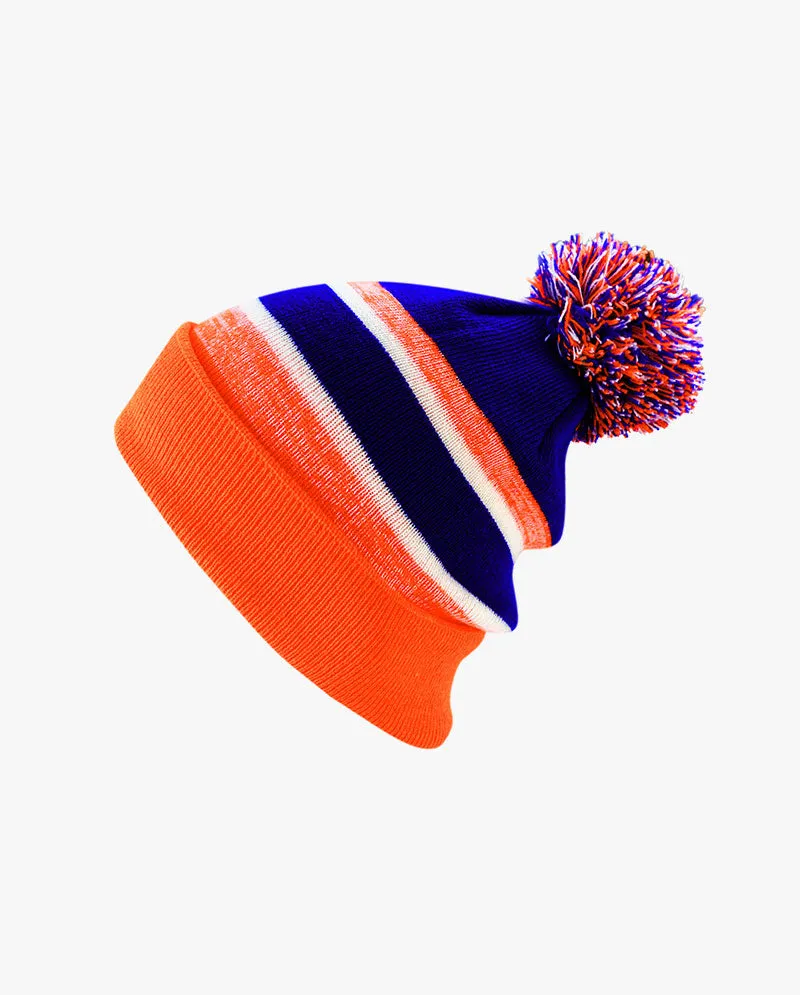 The Hat Depot Kids - Cuffed Pom Pom Stripe Knit Slouch Beanie