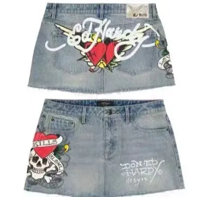 Toleet 2000s fashion Womens Ed Hardy Love Kills Slowly Denim Mini Skirt