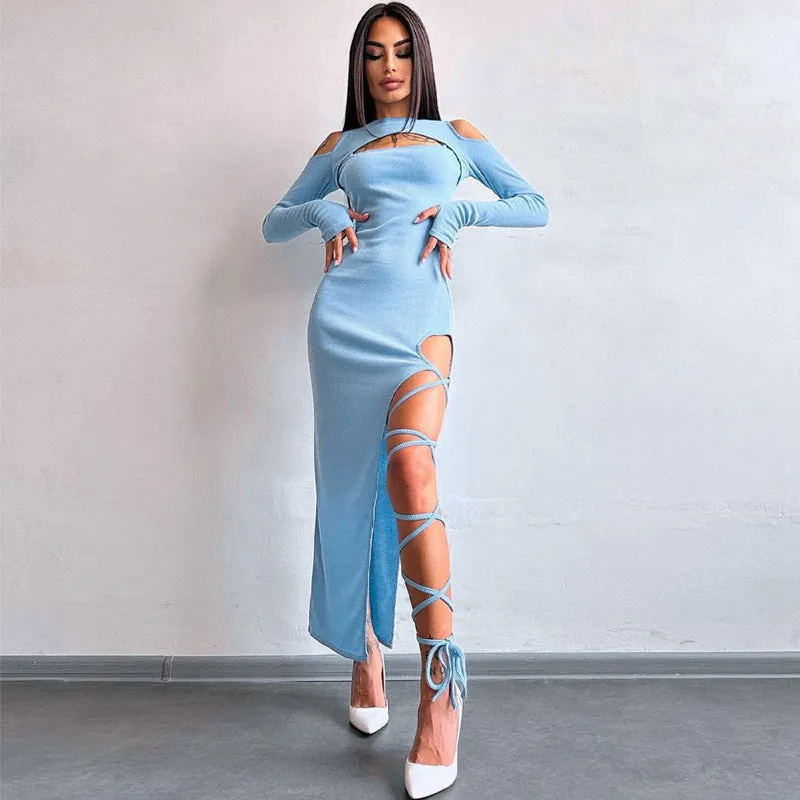 Toleet Fall Women Outfits dress to impress Sexy Leggings Split Dress Style 2024 Autumn Women's New Solid Color Long Sleeve Hollow-out Dress