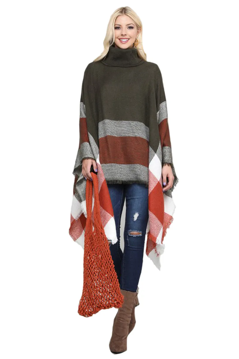 Turtleneck Fringed Hem Poncho One Size