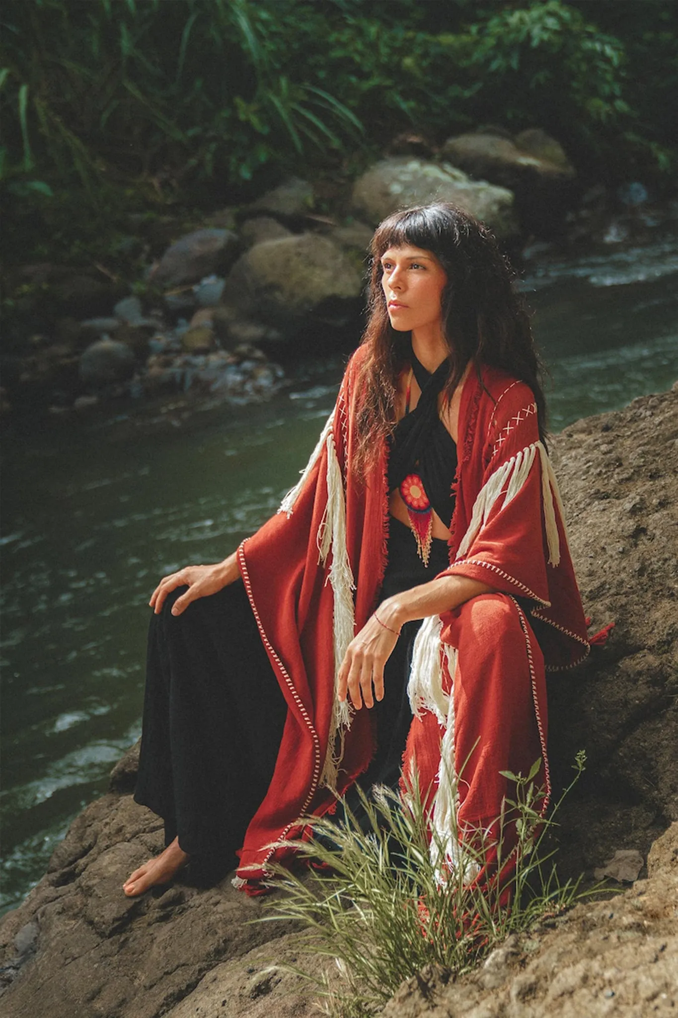 Unisex Handwoven Cotton Wine Red Poncho