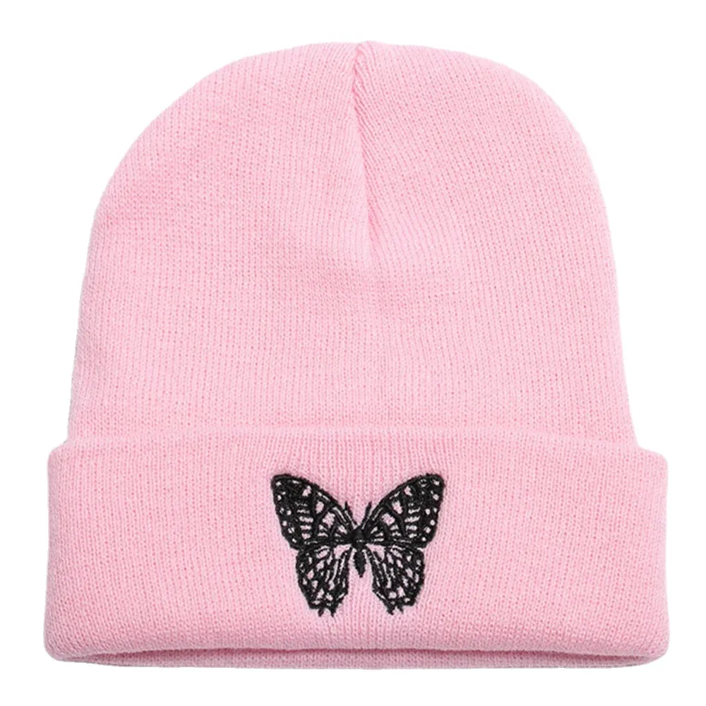 Unisex Wool Warm Elastic Casual Cartoon Butterfly Embroidery Pattern Knitted Hat Brimless Beanie