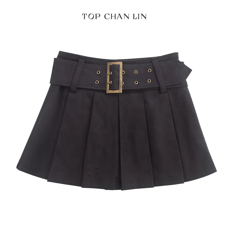 Uniwim guys in skirts Topchanlin 2024 Autumn Korean Style High-Grade Silky Suede Wide Belt Mid-Waist Pleated Skirt