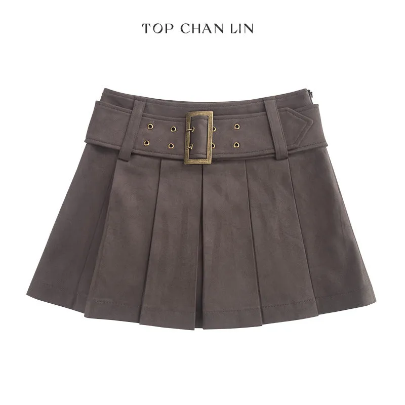 Uniwim guys in skirts Topchanlin 2024 Autumn Korean Style High-Grade Silky Suede Wide Belt Mid-Waist Pleated Skirt