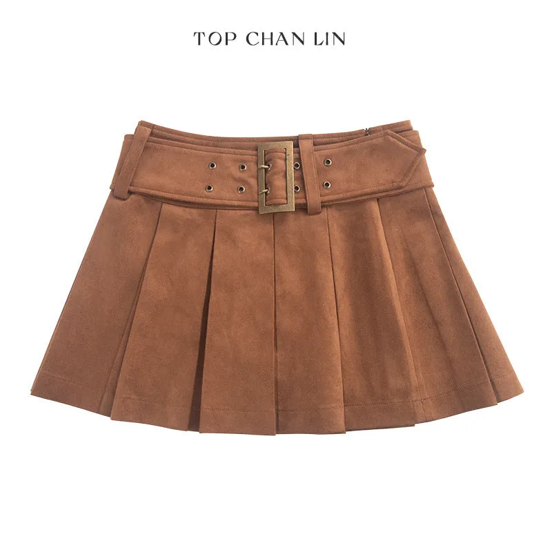 Uniwim guys in skirts Topchanlin 2024 Autumn Korean Style High-Grade Silky Suede Wide Belt Mid-Waist Pleated Skirt