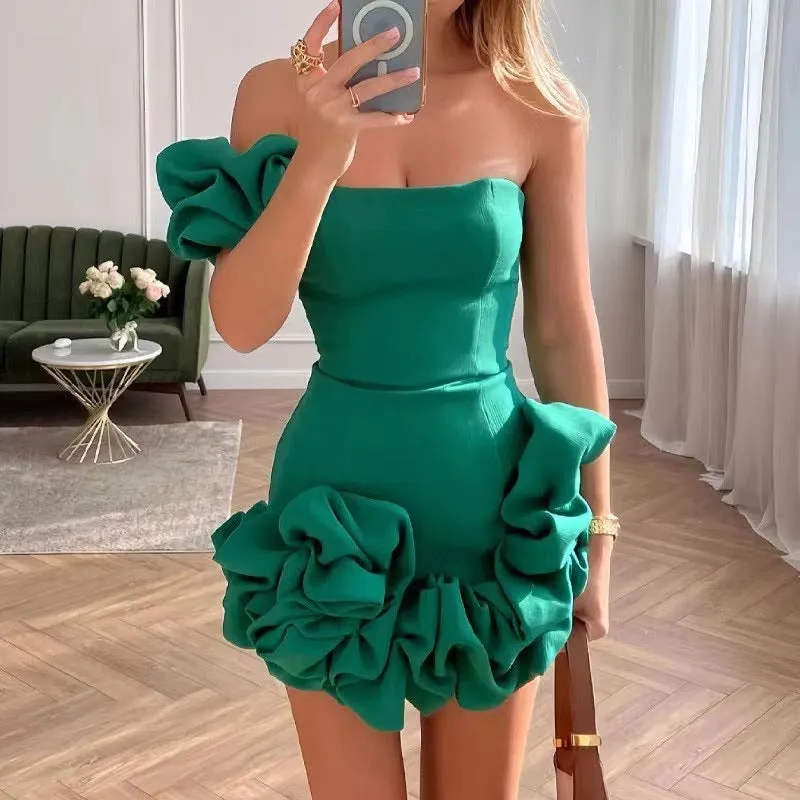 Wenkouban birthday outfit 24 Summer New Women's Dress Ruffled Flower Bud Waist-Tight Dress One-Shoulder Tube Top Hip Skirt