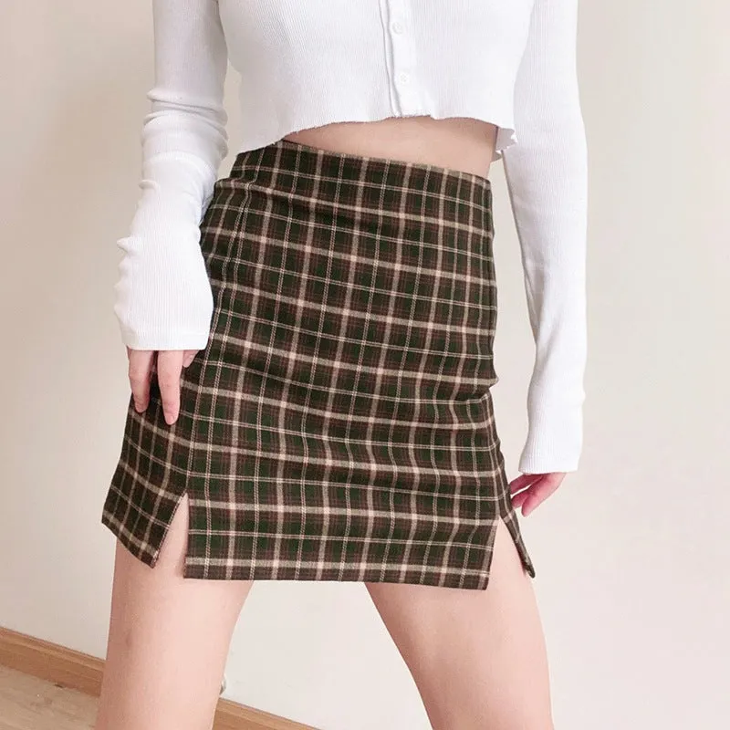 Wenkouban Fall street style Plaid Split All-Match Sheath Skirt Women's Mini Skirt