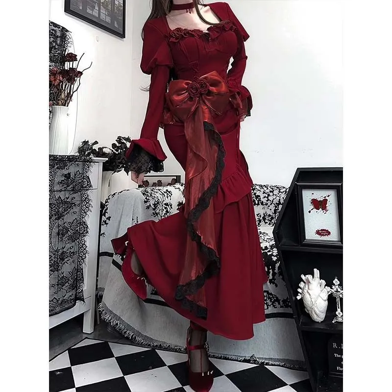 Wenkouban gothic dti French Hepburn Style Velvet Dress Women's Spring Design Waist-Tight Dress