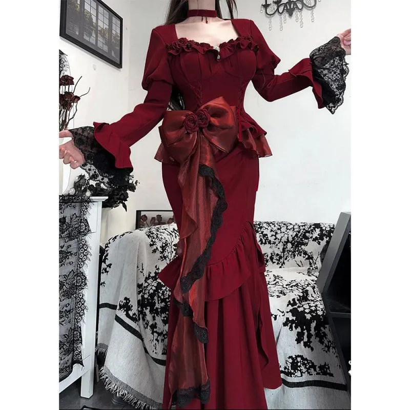 Wenkouban gothic dti French Hepburn Style Velvet Dress Women's Spring Design Waist-Tight Dress